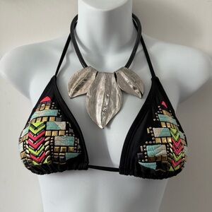 Black bikini top with multi-coloured beaded design